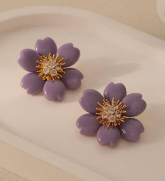 Purple ceramic flower button earrings with a touch of gold & crystals
