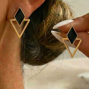 V-Shaped Gold Plated Earrings with Black Diamond Shape