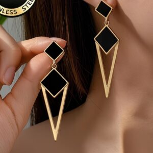 V-Shaped Gold Plated Earrings with Black Diamond Shape